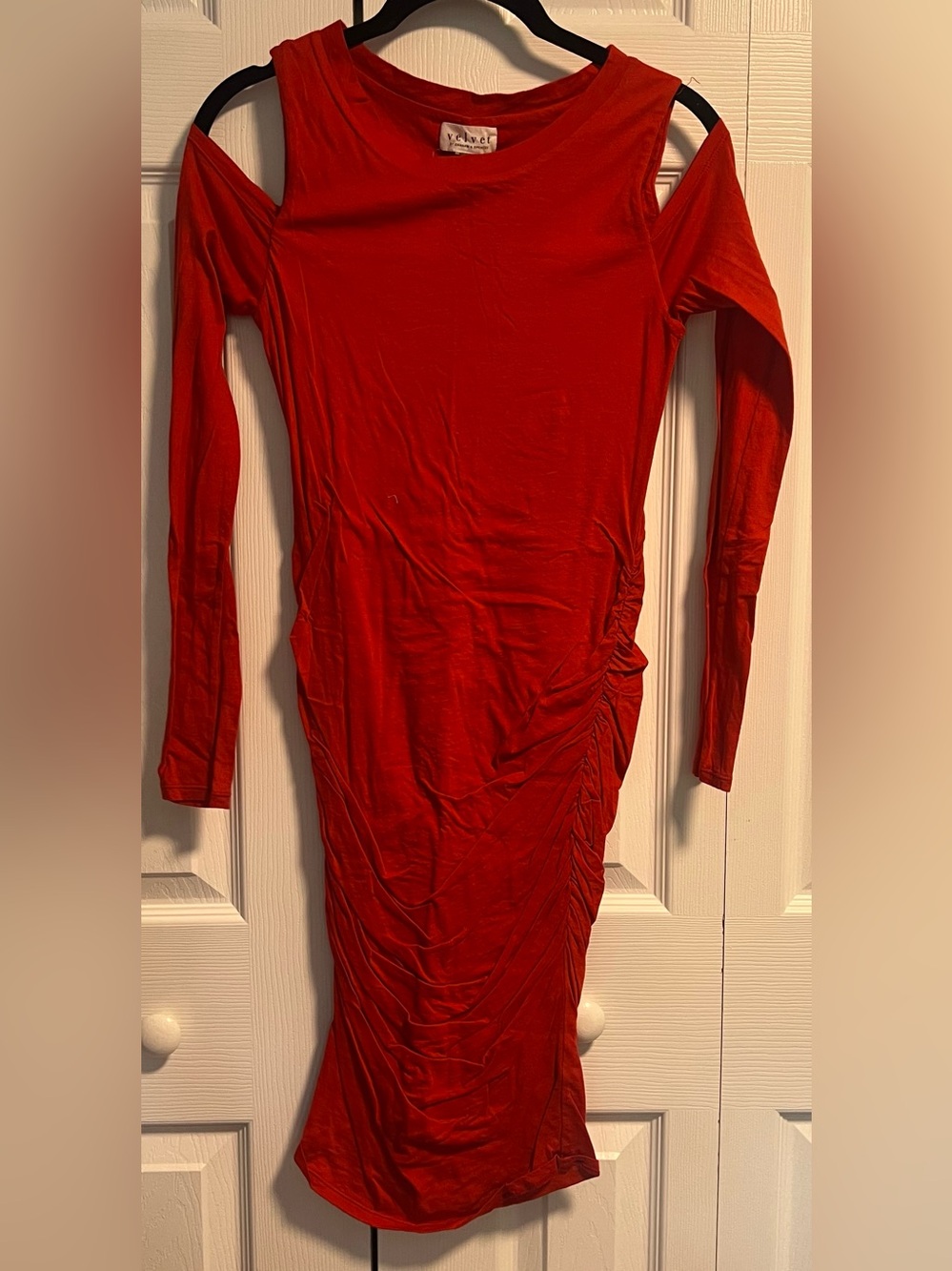 Velvet by Graham & Spencer Cold Shoulder Ruched Dress in Orange/Red